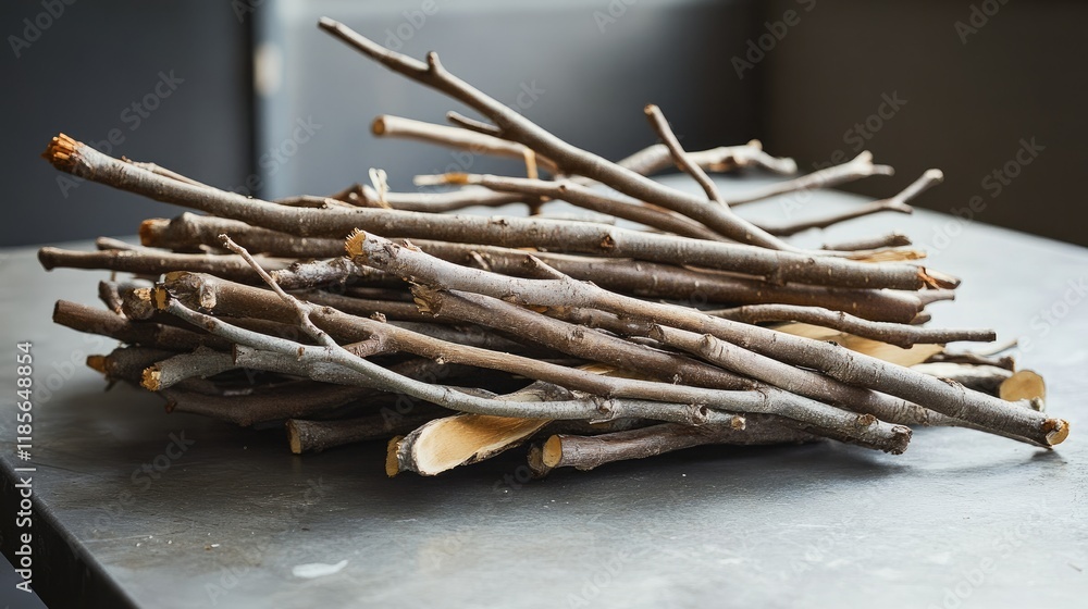 Fototapeta premium rustic display of natural twigs and branches arranged on a table for decorative or craft purposes