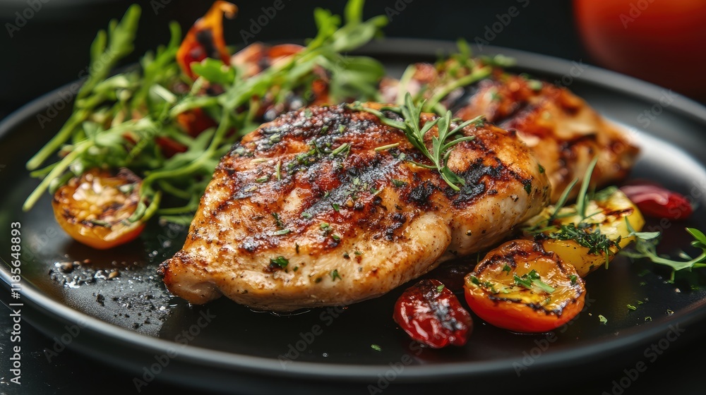 Grilled chicken breast garnished with fresh herbs and cherry tomatoes on a sleek black plate showcasing culinary presentation Grilled chicken breast garnished with fresh herbs and cherry tomatoes on a sleek black plate showcasing culinary presentation