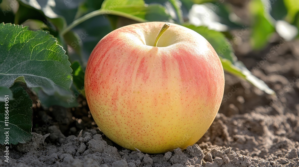 Ripe juicy apple resting on soil surrounded by green leaves showcasing freshness and natural beauty in closeup detail Ripe juicy apple resting on soil surrounded by green leaves showcasing freshness and natural beauty in closeup detail
