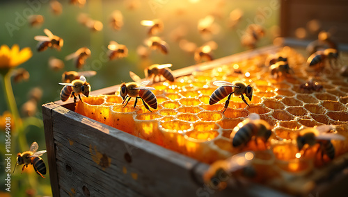 A vibrant scene of a busy beehive, with honeycomb dripping golden honey and wooden frames used for harvesting, surrounded by bees flying gracefully in sunlight.


