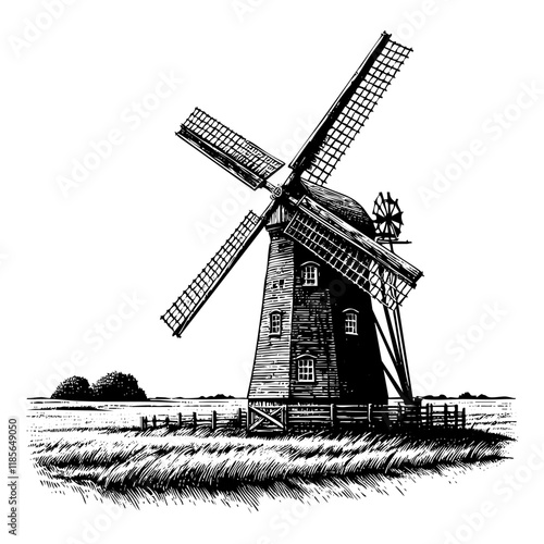dutch windmill in farmland sketch engraving black and white outline. Scratch board imitation.
