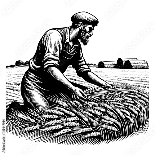 farmer harvesting wheat engraving black and white outline. Scratch board imitation.