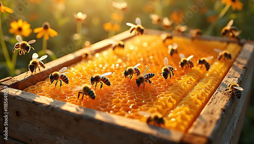 A vibrant scene of a busy beehive, with honeycomb dripping golden honey and wooden frames used for harvesting, surrounded by bees flying gracefully in sunlight.

