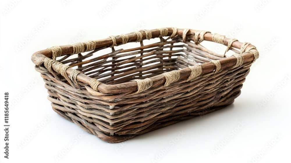 Obraz premium Rectangular wicker basket with natural fibers on a clean white background for versatile storage and display purposes