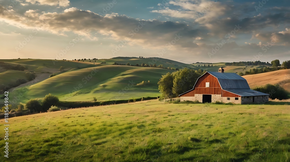A peaceful rural countryside with rolling hills, and a small farmhouse under a bright sky. A peaceful rural countryside with rolling hills, and a small farmhouse under a bright sky.