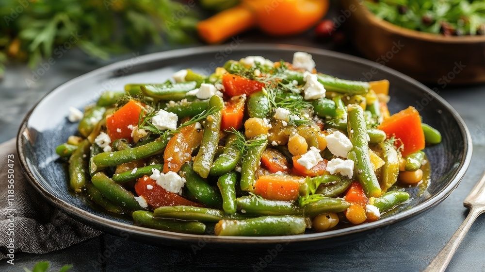 Greek fasolakia stew with green beans, feta, and vibrant vegetables served on a black plate garnished with fresh herbs and drizzled oil Greek fasolakia stew with green beans, feta, and vibrant vegetables served on a black plate garnished with fresh herbs and drizzled oil
