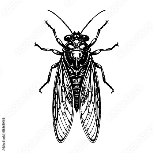 cicada insect sketch engraving black and white outline. Scratch board imitation.

