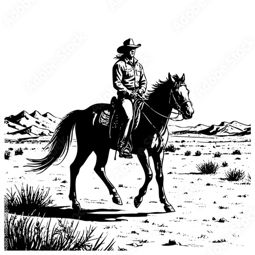 cowboy riding horse on desert sketch engraving black and white outline. Scratch board imitation.
