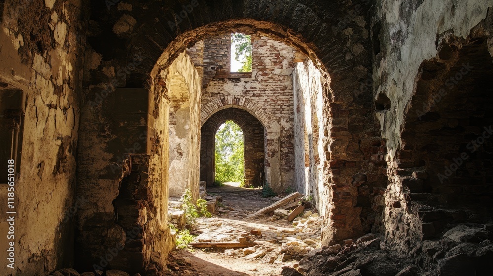 Fototapeta premium Ancient Castle Ruins with Arched Doorways and Natural Light Illuminating the Interior