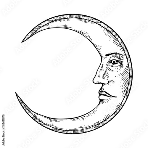 crescent moon face sketch engraving black and white outline. Scratch board imitation.
