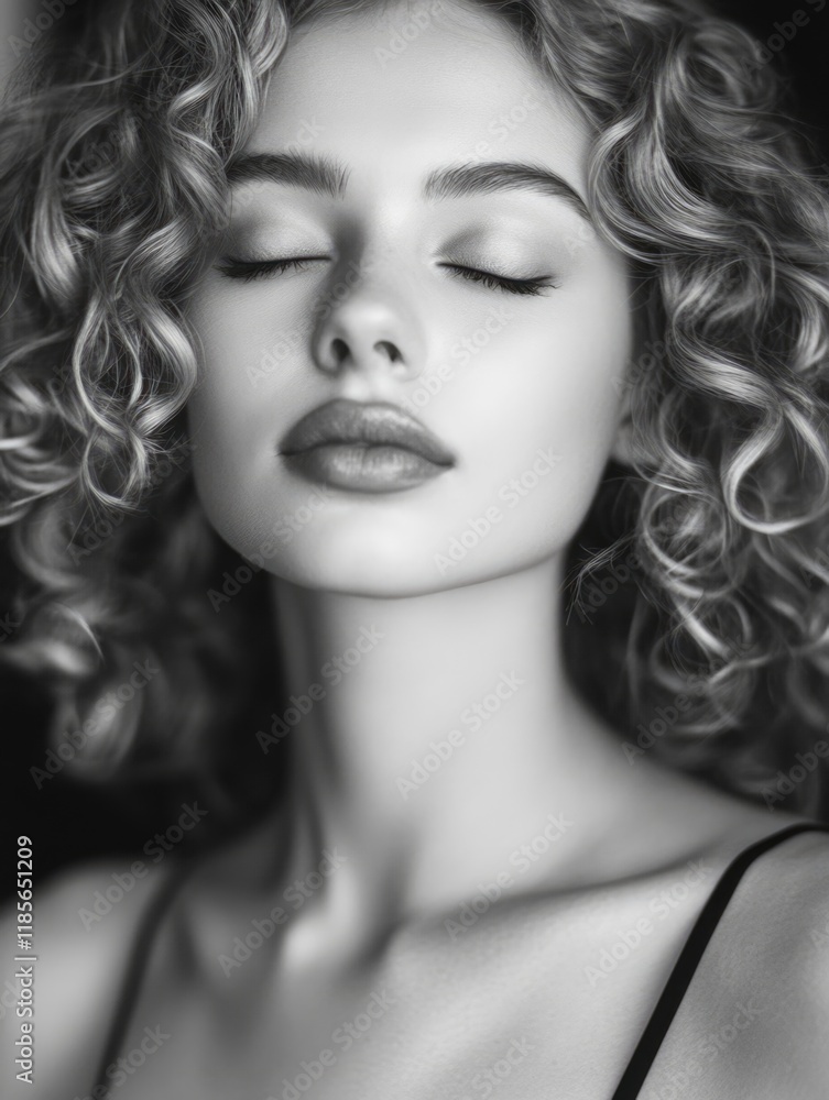 Fototapeta premium Elegant young Caucasian female model with curly hair, closed eyes, wearing cocktail dress, captured in indoor vertical black and white portrait.