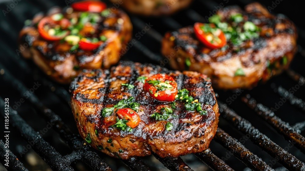 Savory Grilled Pork Chops with Fresh Herbs and Chili Flakes on the BBQ Grill Savory Grilled Pork Chops with Fresh Herbs and Chili Flakes on the BBQ Grill