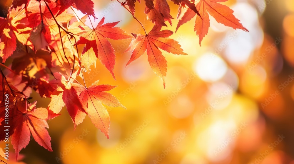 Vibrant red and gold maple leaves illuminated by warm autumn sunlight in a serene outdoor setting Vibrant red and gold maple leaves illuminated by warm autumn sunlight in a serene outdoor setting