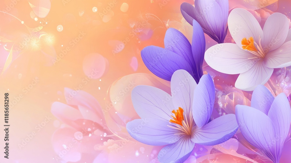 Naklejka premium Vibrant Crocus Flowers Against a Soft Pastel Background with Dreamy Bokeh Effects
