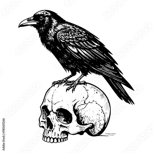 crow on skull sketch engraving black and white outline. Scratch board imitation.
