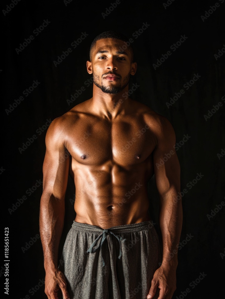 Muscular African American man with defined abs standing confidently against a black backdrop, showcasing powerful physique and ample copyspace for text. Muscular African American man with defined abs standing confidently against a black backdrop, showcasing powerful physique and ample copyspace for text.