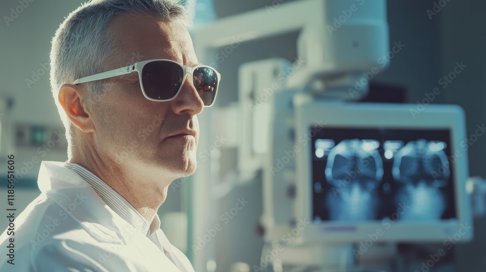 Doctor in sunglasses analyzing patient's X-ray in a modern operating room with advanced medical equipment and focused expression. Doctor in sunglasses analyzing patient's X-ray in a modern operating room with advanced medical equipment and focused expression.