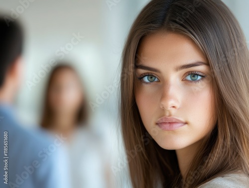 Wallpaper Mural Close-up portrait of a young woman with long brown hair and blue eyes in a bright office setting with blurred colleagues in the background and ample empty copyspace for text. Torontodigital.ca