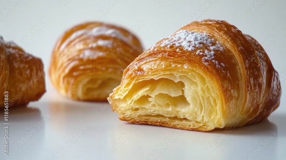 Freshly baked croissant with flaky layers displayed on a white background, highlighting its golden crust and soft interior texture. Freshly baked croissant with flaky layers displayed on a white background, highlighting its golden crust and soft interior texture.