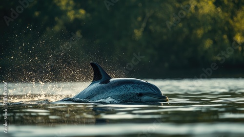 Dolphin Gliding Through Tranquil Waters with Sunlight and Nature Background