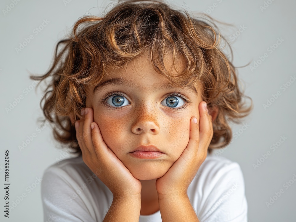 Bored Hispanic boy with curly hair in white shirt rests chin on hands, expressing frustration against soft gray backdrop, portrait orientation, high detail. Bored Hispanic boy with curly hair in white shirt rests chin on hands, expressing frustration against soft gray backdrop, portrait orientation, high detail.