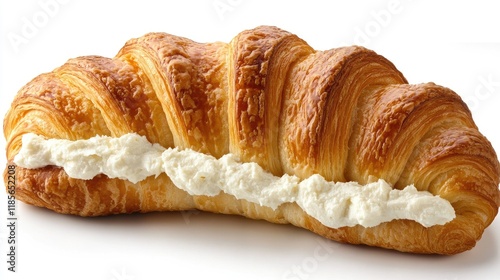 Delicious croissant filled with creamy cheese ideal for a delightful breakfast or brunch setting. photo