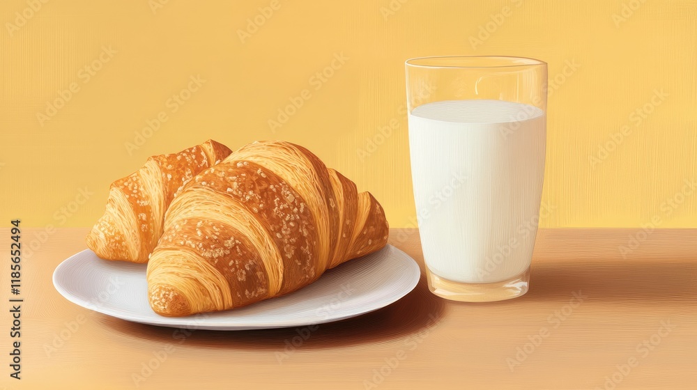 Fresh Croissants on a Plate with a Glass of Milk Against a Soft Yellow Background Fresh Croissants on a Plate with a Glass of Milk Against a Soft Yellow Background