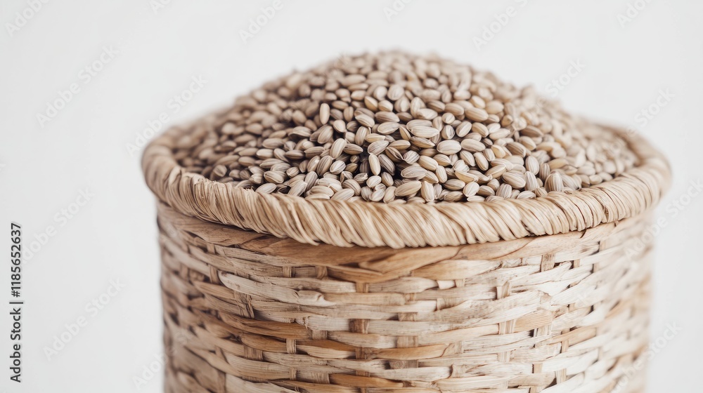 Natural sesame seeds piled high in a woven basket showcasing organic harvest against a clean white background