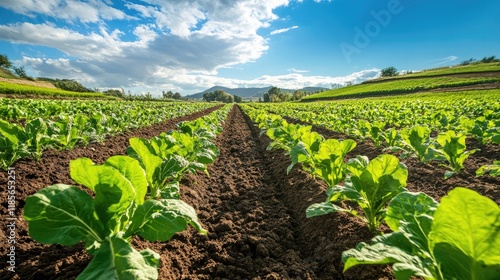 Lush green crops ready for harvest under a bright blue sky in fertile farmland landscape. photo