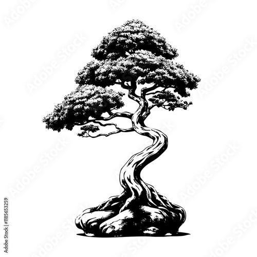 old bonsai tree engraving black and white outline. Scratch board imitation.
