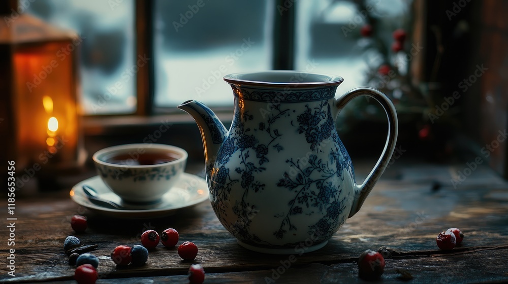 Fototapeta premium Tea pot and cup set on rustic wooden table with berries and warm lighting creating a cozy atmosphere for a relaxing beverage moment