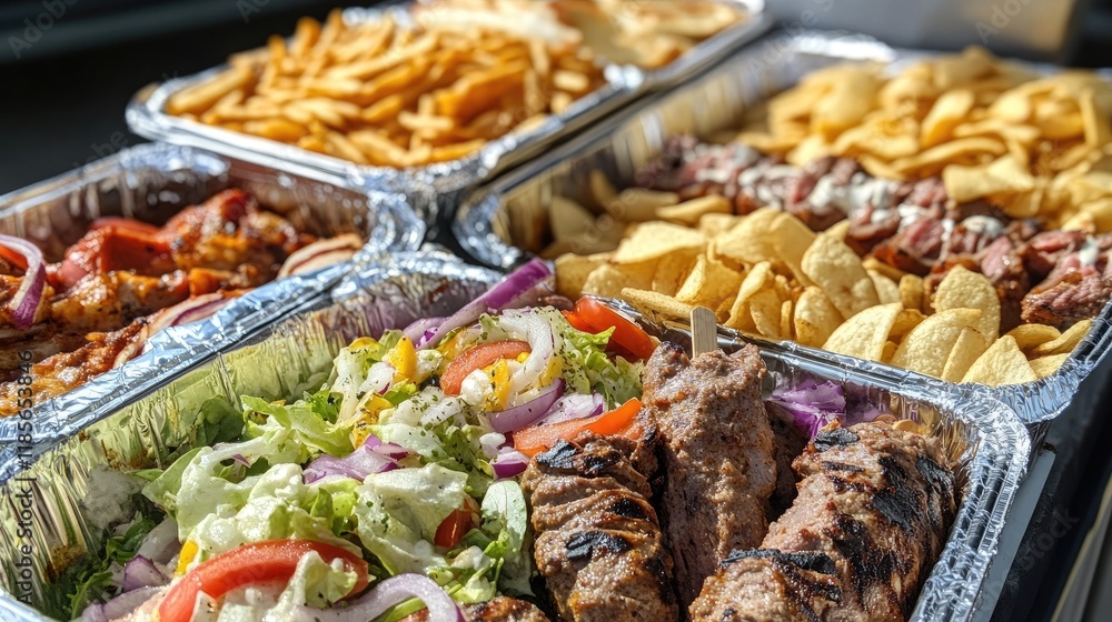 Obraz premium Delicious doner kebabs with fresh salad served in pitta bread alongside crispy chips and assorted munchy boxes for sharing.