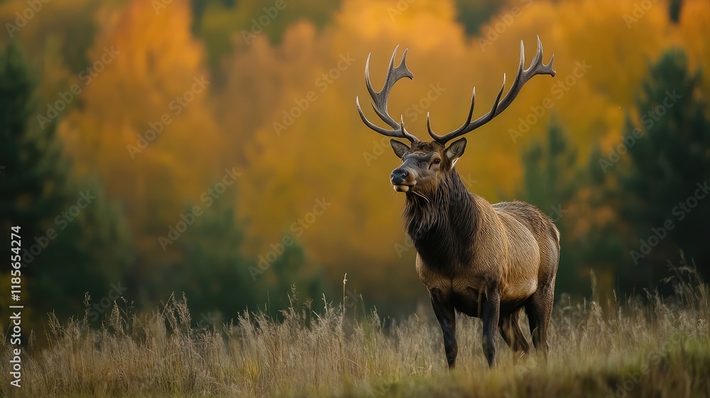 Majestic Elk in Autumn Landscape Emphasizing Evolutionary Conservation Strategies in Natural Environment Majestic Elk in Autumn Landscape Emphasizing Evolutionary Conservation Strategies in Natural Environment