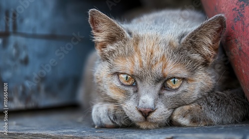 Close up portrait of a distressed stray cat resting on a city street showcasing the reality of urban animal populations photo