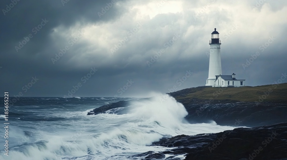 A Lighthouse on a Rocky Shore Under a Stormy Sky - Generative AI A Lighthouse on a Rocky Shore Under a Stormy Sky - Generative AI