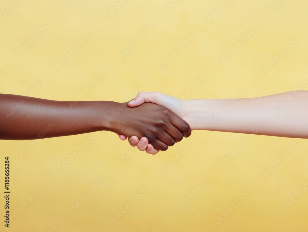 Diverse business professionals engaging in a handshake against a vibrant yellow backdrop with ample empty copyspace for text and branding opportunities. Diverse business professionals engaging in a handshake against a vibrant yellow backdrop with ample empty copyspace for text and branding opportunities.