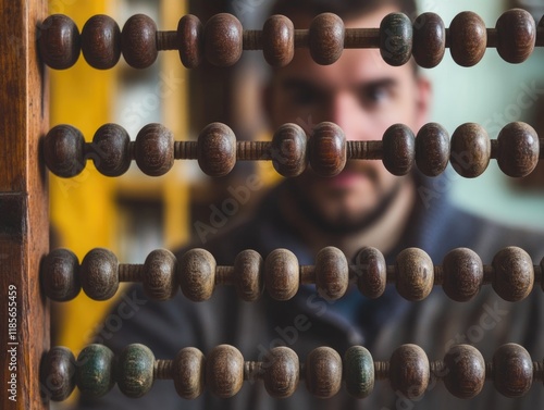 Out of focus man in soft light behind vintage wooden abacus with warm tones and large empty copyspace for text in educational setting photo