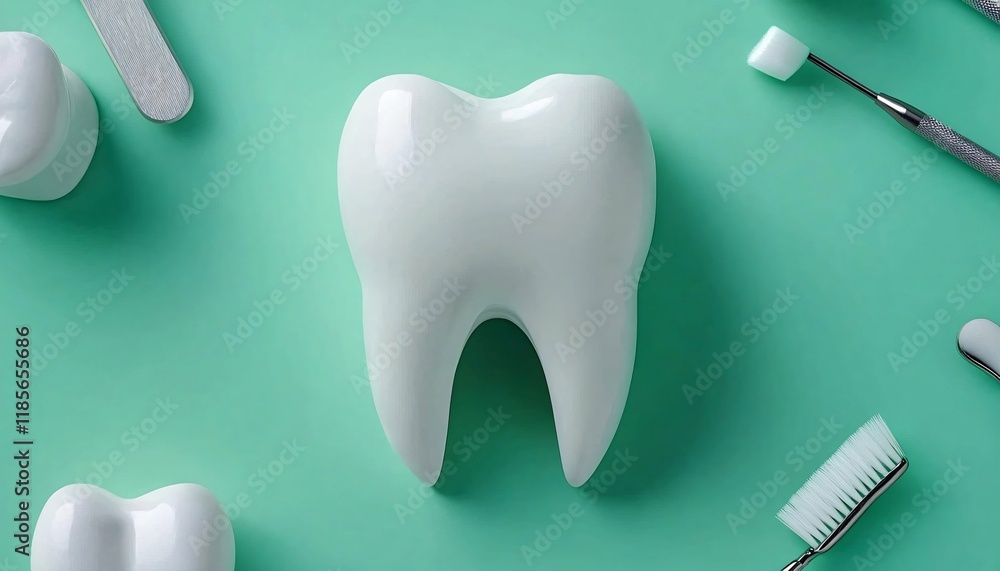 Clean white tooth surrounded by dental tools on a fresh green background