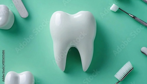 Clean white tooth surrounded by dental tools on a fresh green background