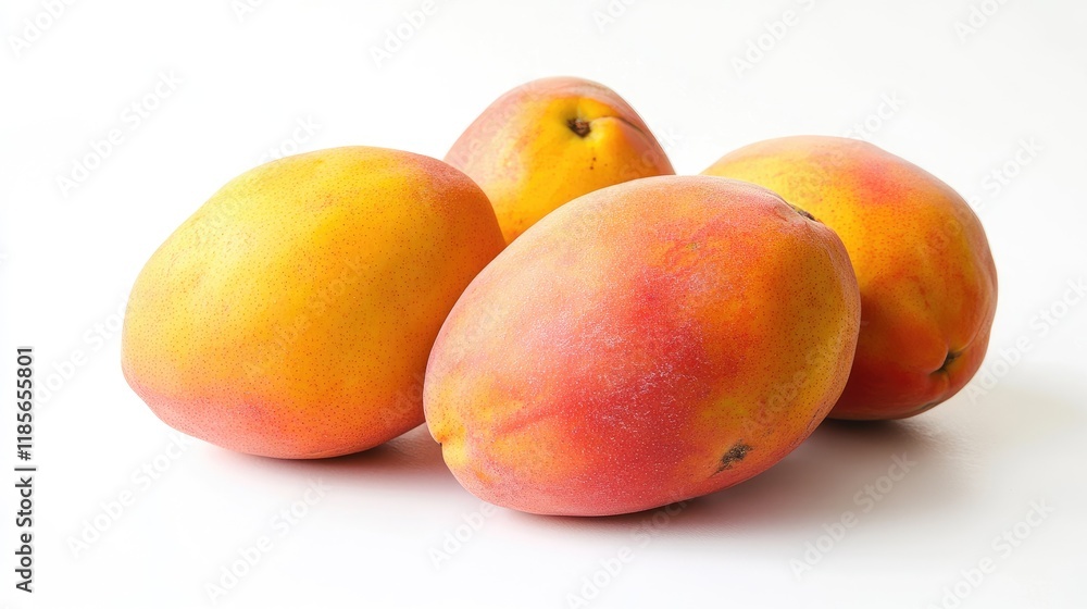 Ripe Pecura King mangoes arranged on a white background showcasing their vibrant colors and organic texture for tropical fruit imagery. Ripe Pecura King mangoes arranged on a white background showcasing their vibrant colors and organic texture for tropical fruit imagery.