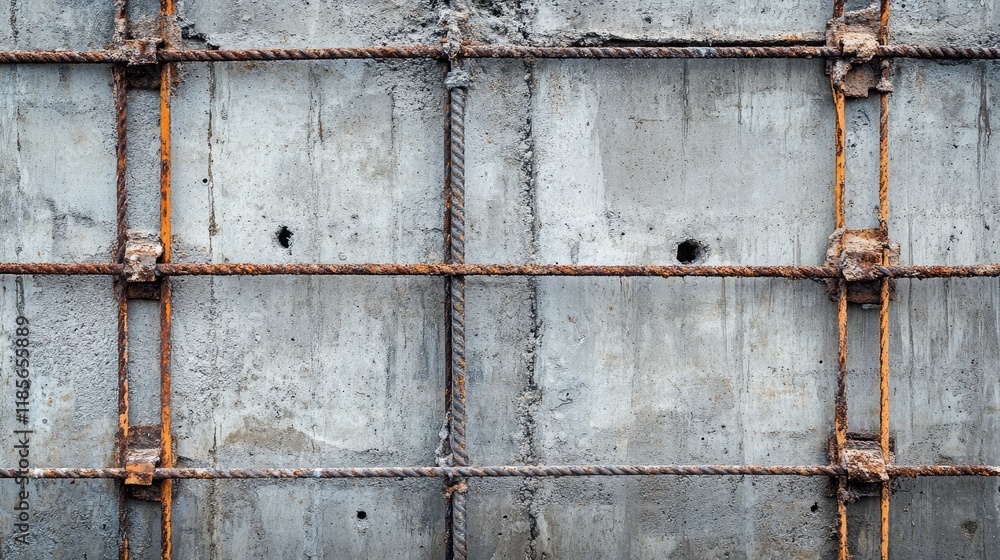 Reinforced concrete wall with exposed rebar in urban construction site showcasing strength and structural elements for building projects Reinforced concrete wall with exposed rebar in urban construction site showcasing strength and structural elements for building projects