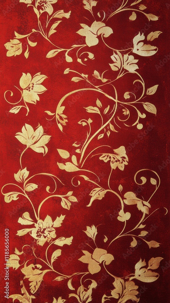 Elegant Gold Floral Pattern on Red Background Elegant Gold Floral Pattern on Red Background