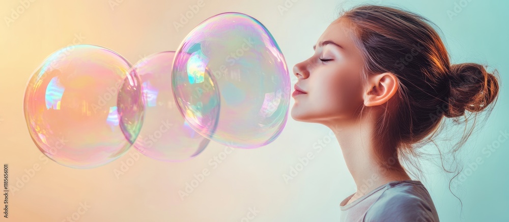 Young woman blowing large colorful soap bubbles with soft pastel background and ample empty space for text on the right side. Young woman blowing large colorful soap bubbles with soft pastel background and ample empty space for text on the right side.