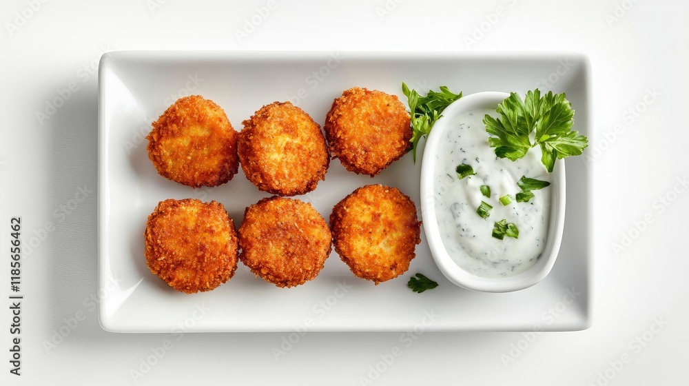 Crispy vegetable nuggets served on a rectangular white plate with creamy yogurt sauce and fresh herbs on a clean background