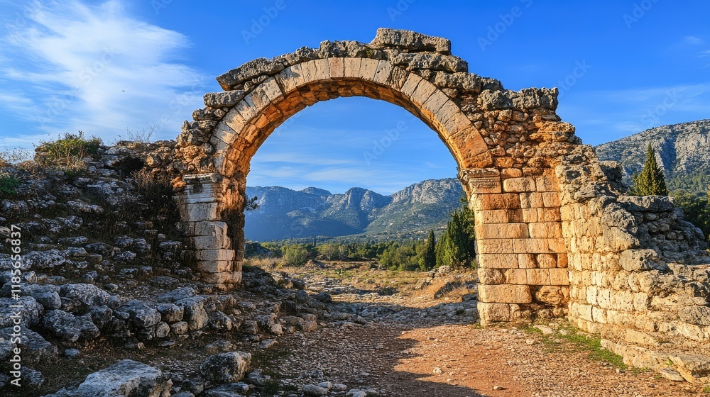Ancient stone arch ruins surrounded by a serene landscape under a clear blue sky with distant mountains Ancient stone arch ruins surrounded by a serene landscape under a clear blue sky with distant mountains