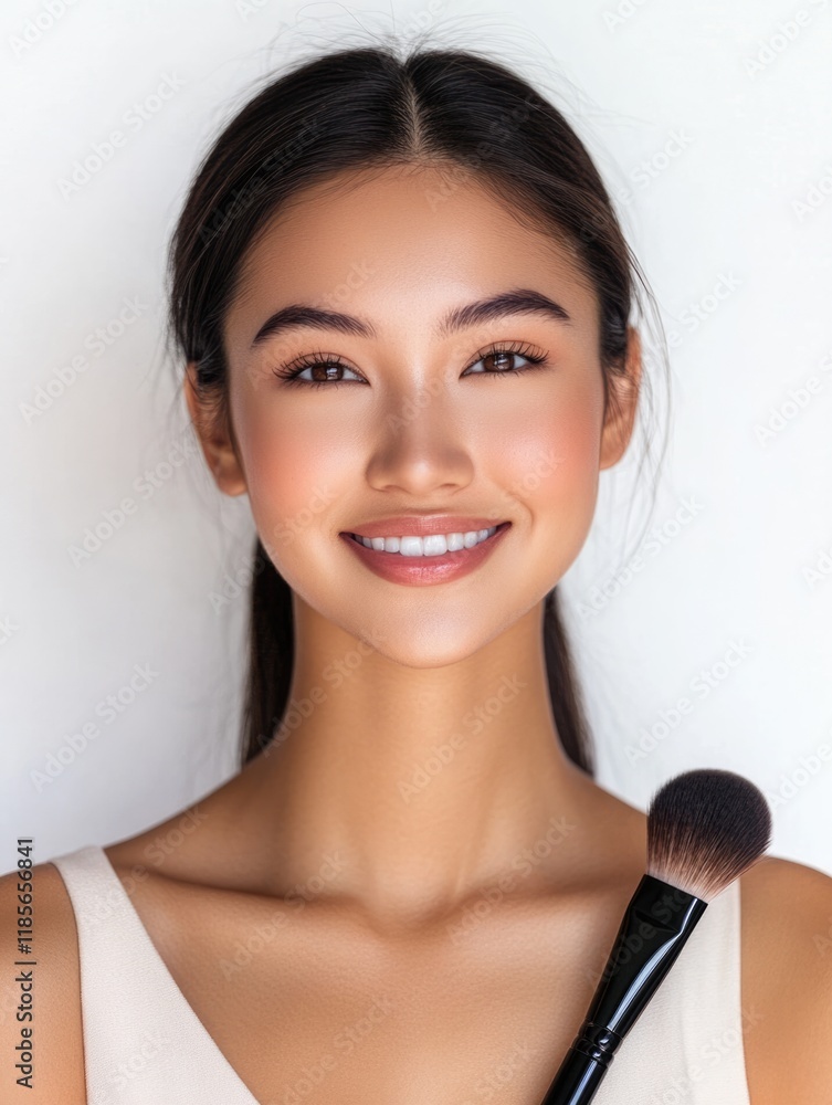 Confident smiling woman holding makeup brush against white background with soft lighting emphasizing her flawless complexion and natural beauty