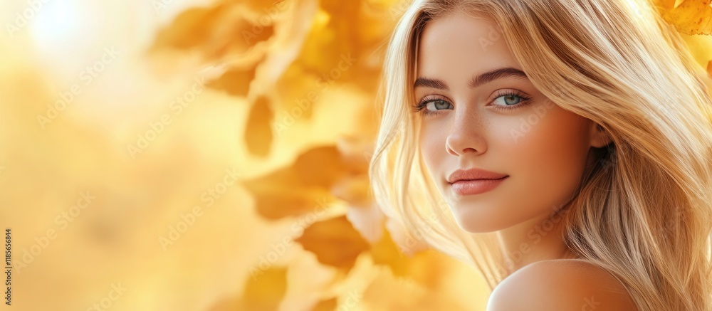 Fototapeta premium Blonde young woman outdoors among golden autumn leaves with ample soft focus copyspace for text, warm color palette, close-up angle.