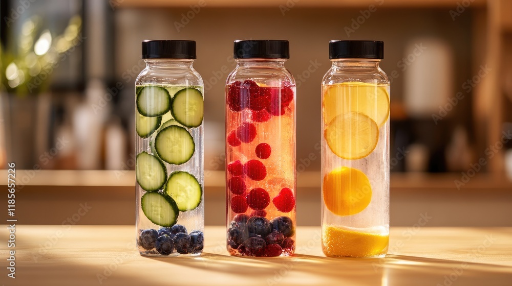 Refreshing detox water with citrus cucumber berries in glass bottles promoting clean eating and healthy lifestyle on wooden background Refreshing detox water with citrus cucumber berries in glass bottles promoting clean eating and healthy lifestyle on wooden background