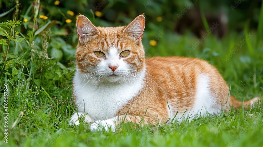 Elegant ginger domestic cat resting on lush green grass in a serene garden environment with soft natural light. Elegant ginger domestic cat resting on lush green grass in a serene garden environment with soft natural light.