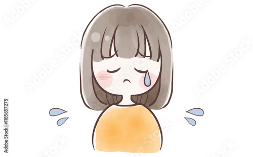 悲しい表情のシンプルな女性の水彩イラスト